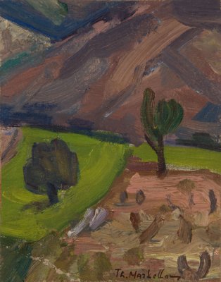 Two Trees on the Mountain without Sky — Oil painting, Fiberboard, 14.00×18.00cm — Theodoros Markellos